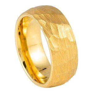 8mm Domed Yellow Gold plated Hammered Tungsten Wedding Band Ring